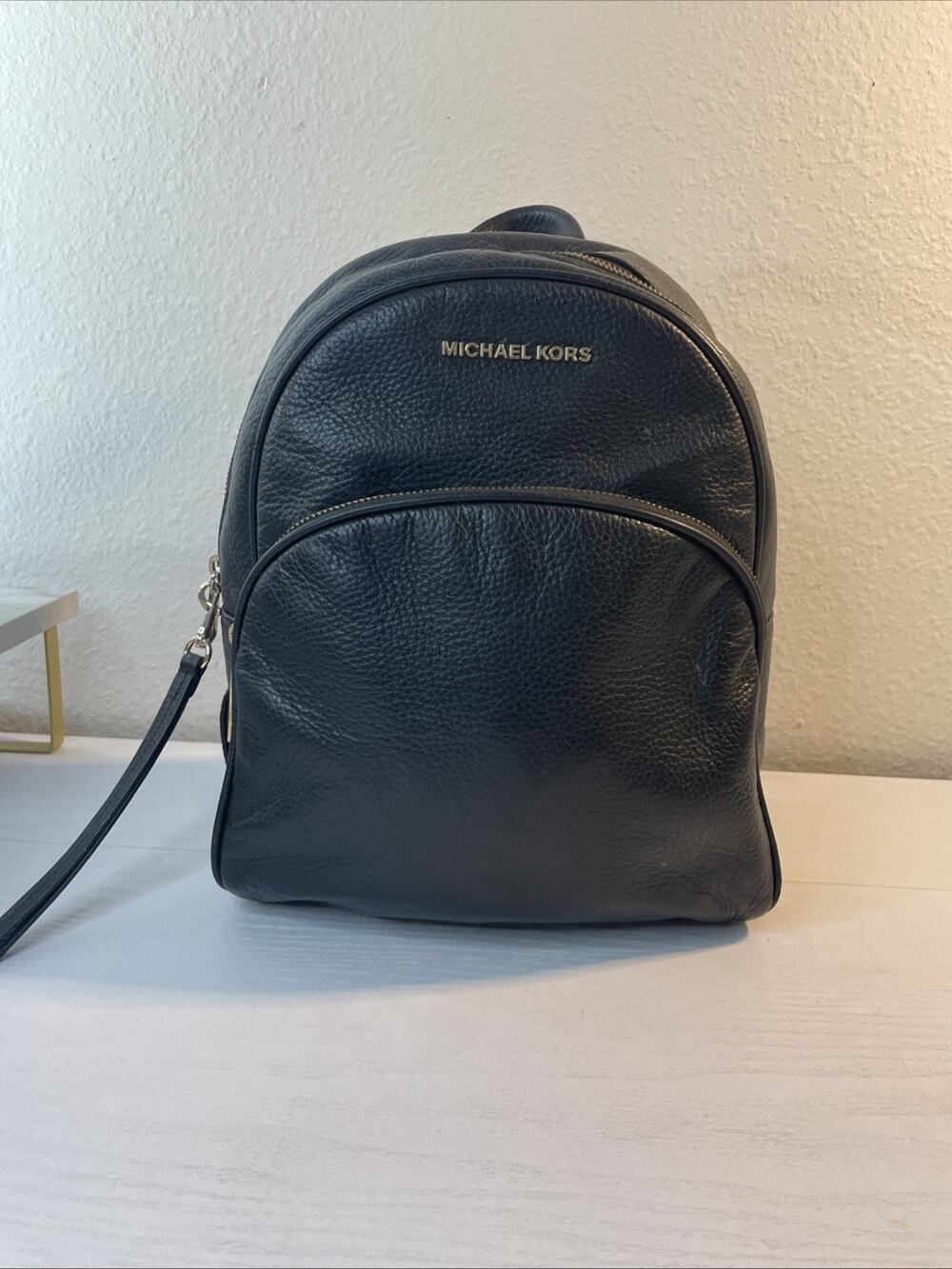 MICHAEL Michael Kors Abbey Medium Backpack Black Pebbled Leather Gold Tone